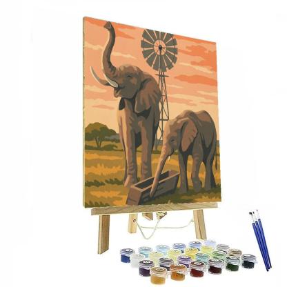 Savannah Windmill With Elephant Guardians paint by number