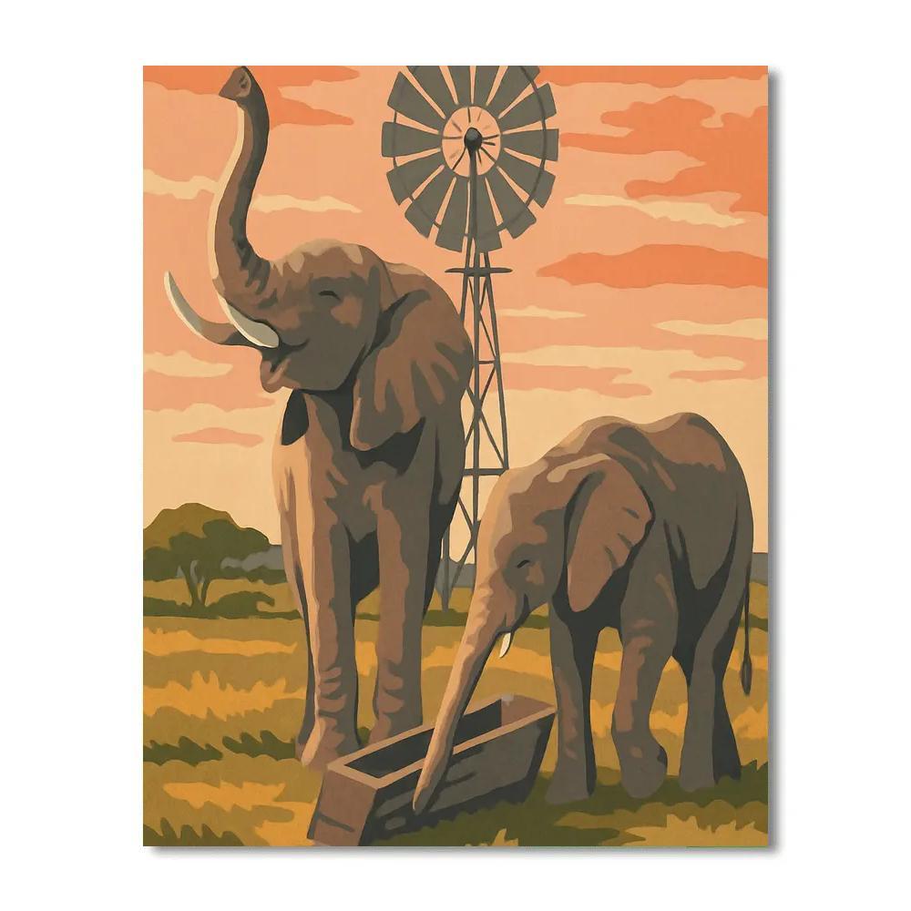 Savannah Windmill With Elephant Guardians paint by number