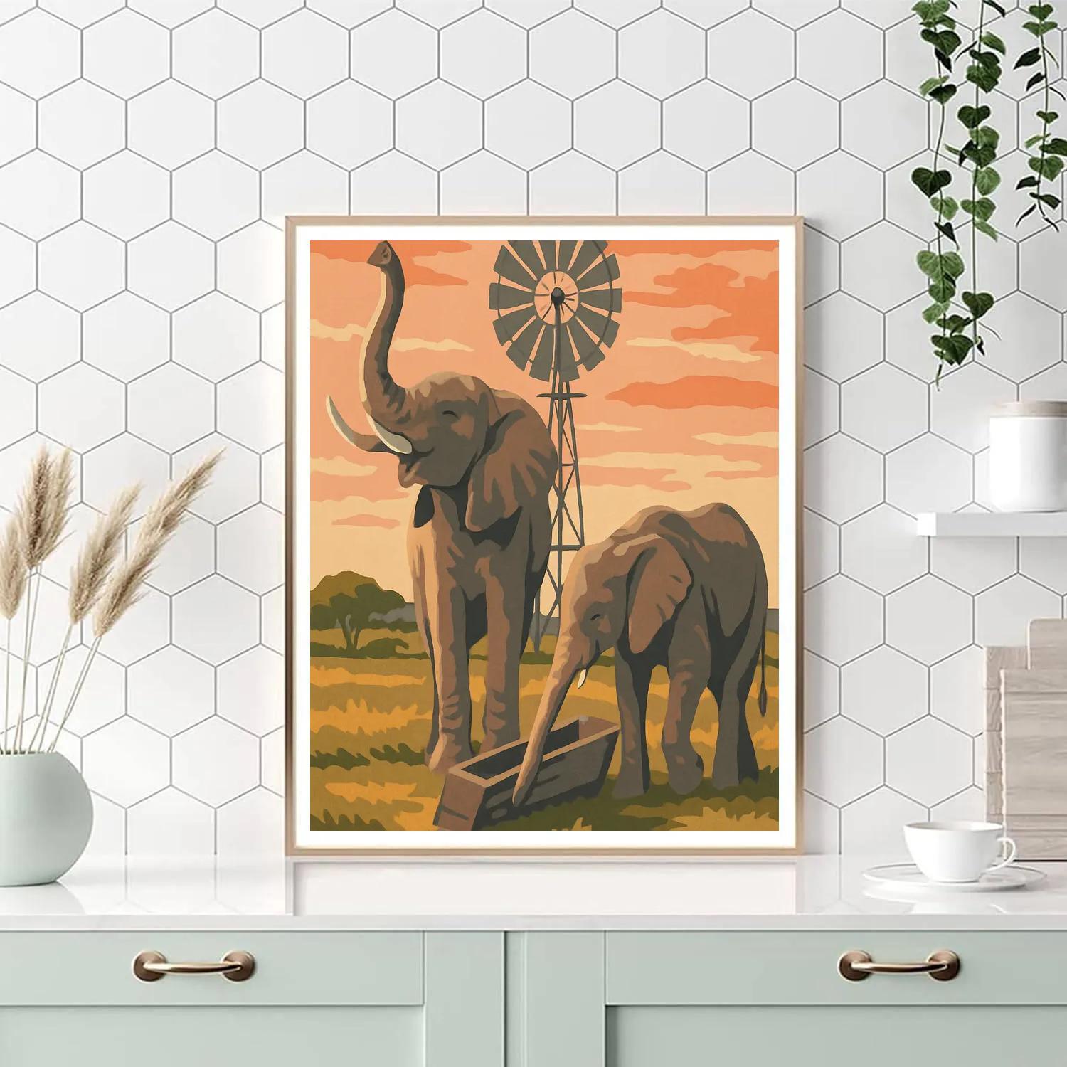 Savannah Windmill With Elephant Guardians paint by number