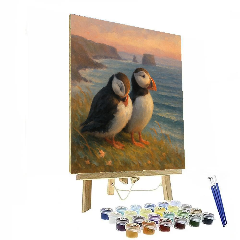 Sea Cliff Calm With Puffins At Sunset Painting by numbers kit