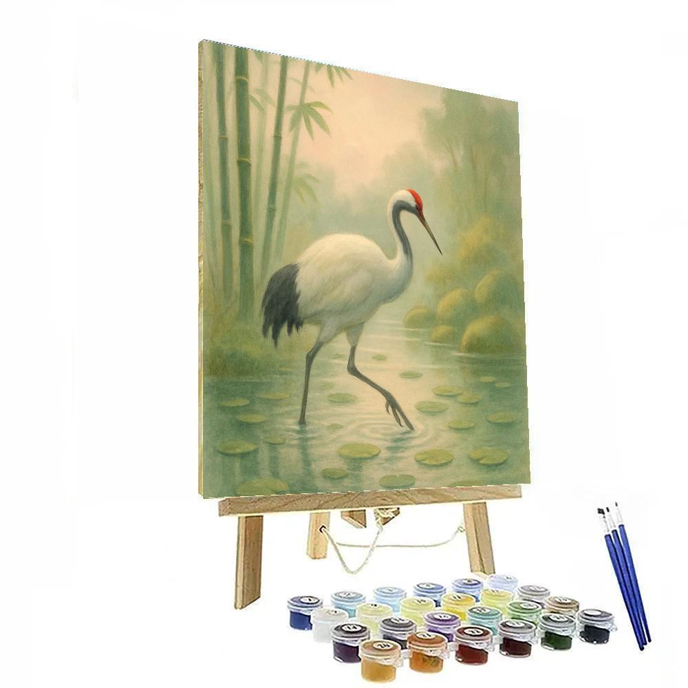 Misty Bamboo Morning With A Gentle Crane Paint by numbers art