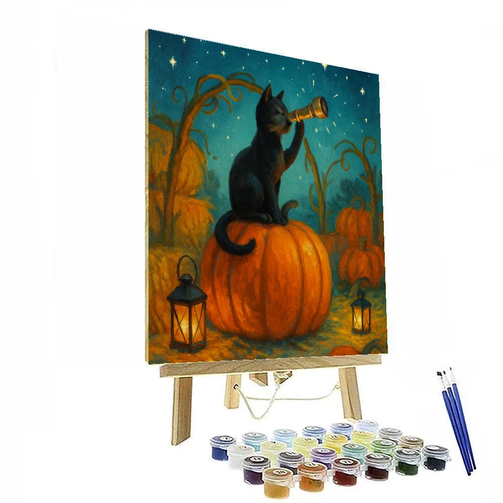 Black Cat Stargaze In The Pumpkin Patch Observatory Paint by numbers kits