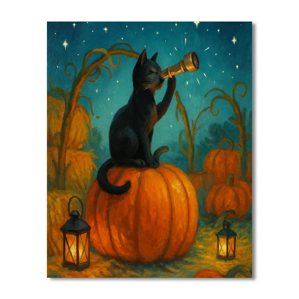 Black Cat Stargaze In The Pumpkin Patch Observatory Paint by numbers kits