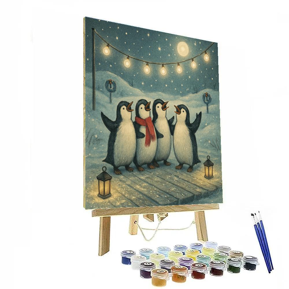 Penguin Carolers On An Icy Boardwalk paint by color