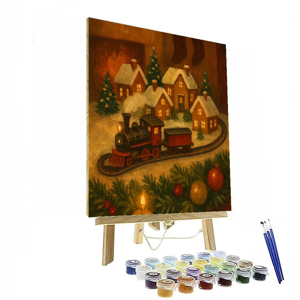 Toy Train Looping Through Snowy Mantel Village paint by numbers