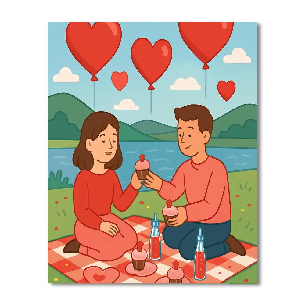Valentines Day Picnic Beneath The Floating Hearts Numbered painting kits