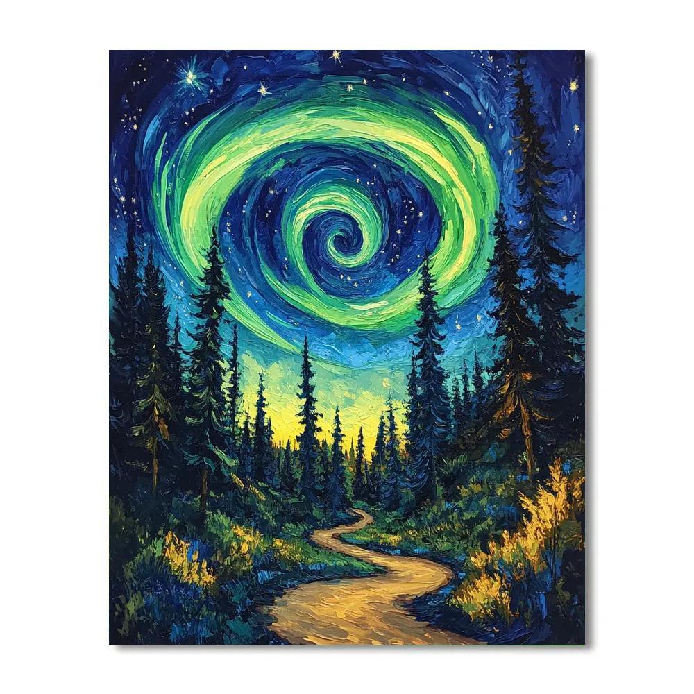 Van Gogh Inspired Aurora Over Pine Forest DIY paint by numbers
