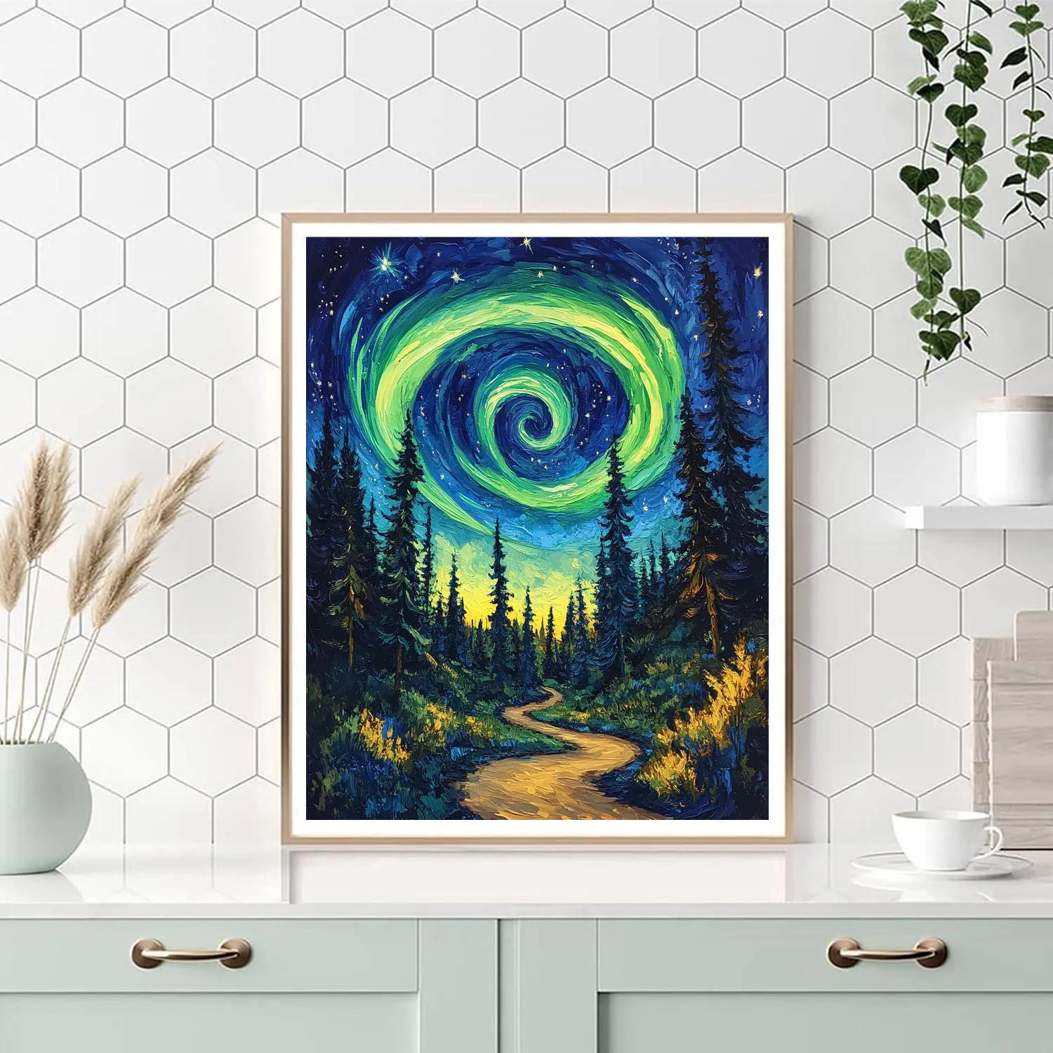 Van Gogh Inspired Aurora Over Pine Forest DIY paint by numbers