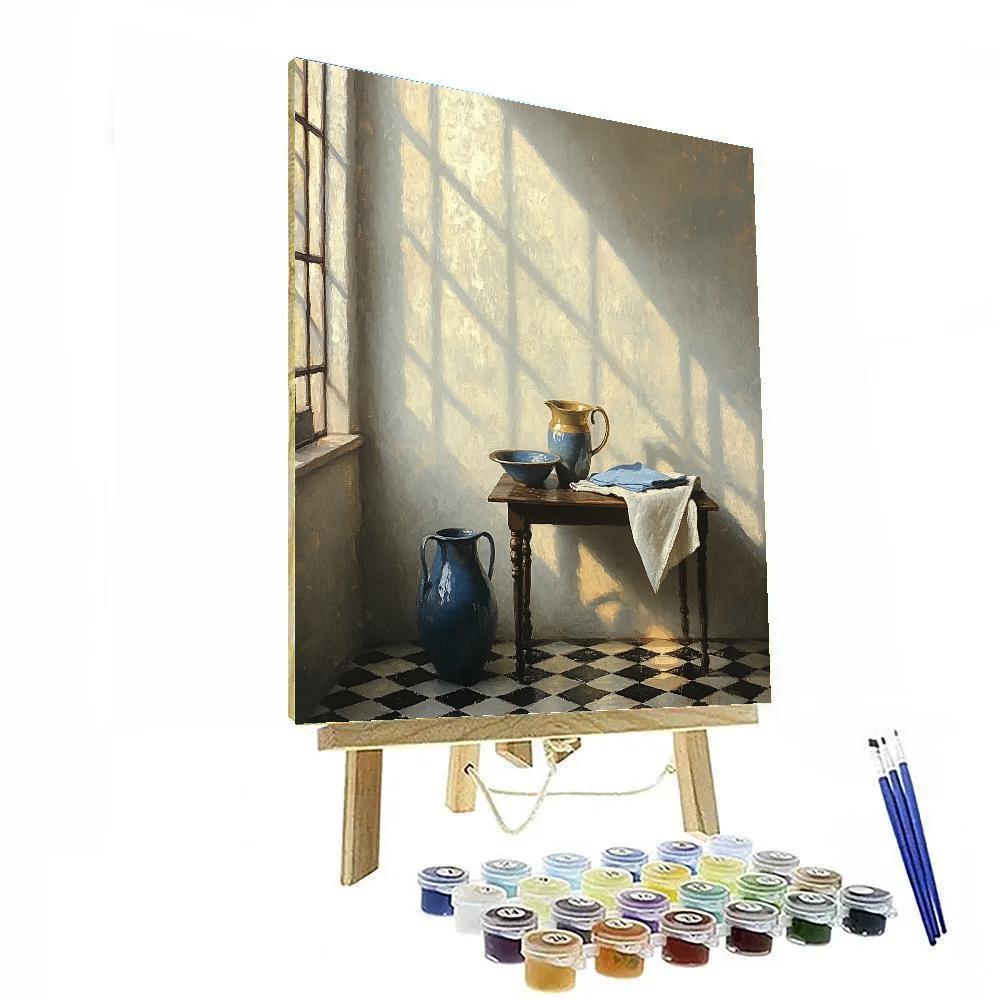 Johannes Vermeer Inspired Pearl Light On Delft Tile And Blue Jug paint by numbers