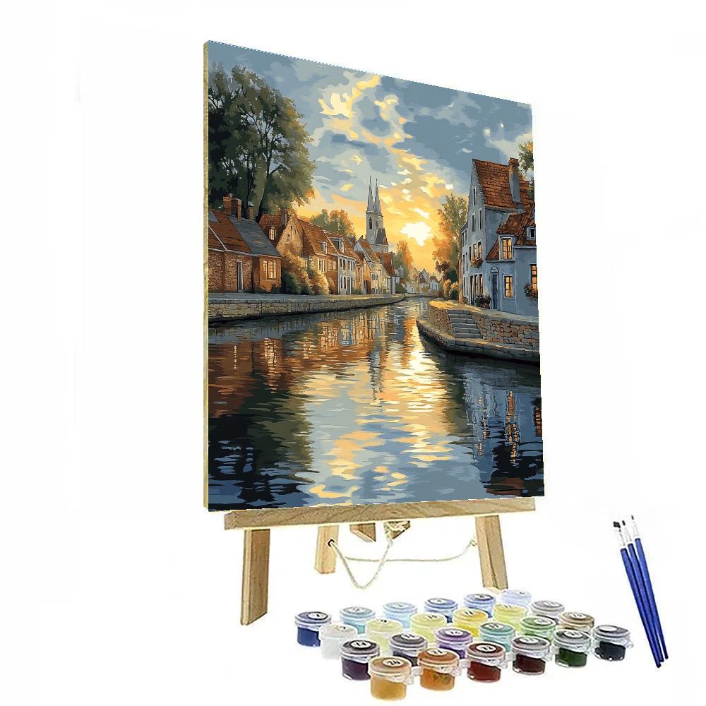 Johannes Vermeer Inspired Golden Canal Reflection Beneath Gabled Rooftops painting number kit
