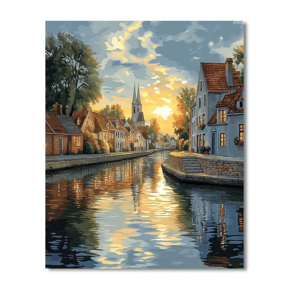 Johannes Vermeer Inspired Golden Canal Reflection Beneath Gabled Rooftops painting number kit