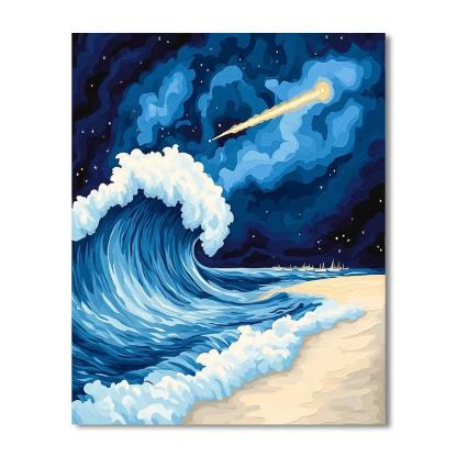Katsushika Hokusai Inspired Comet Over Coastal Waves Number painting