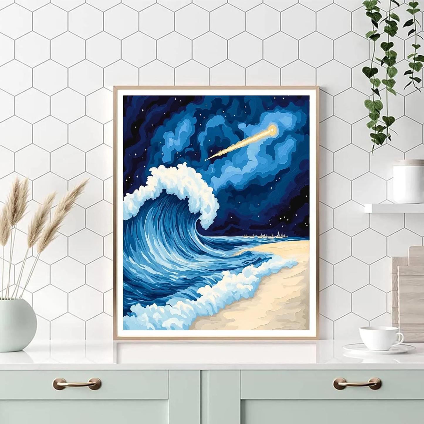 Katsushika Hokusai Inspired Comet Over Coastal Waves Number painting