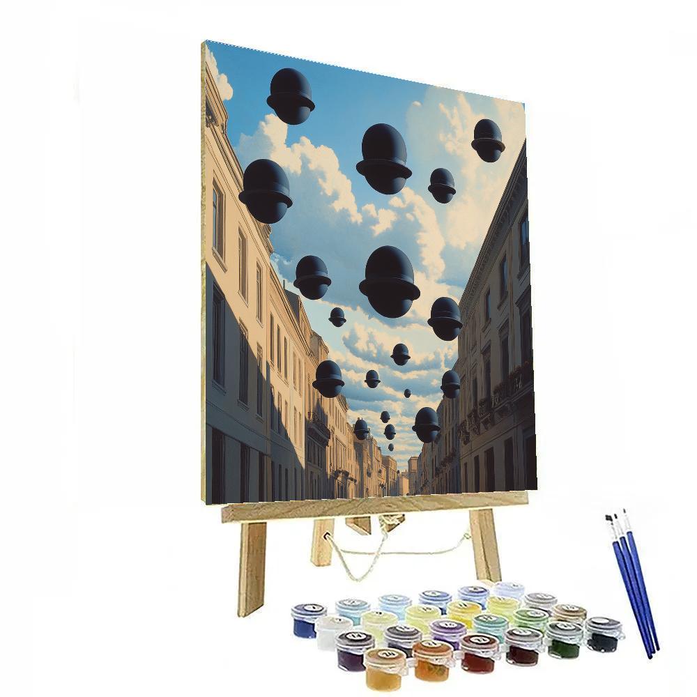 René Magritte Inspired Floating Bowler Hats And Planets Number painting