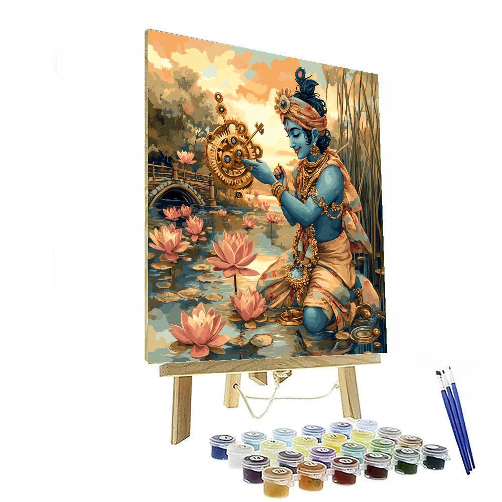 Krishna And The Clockwork Lotus Pond paint by number