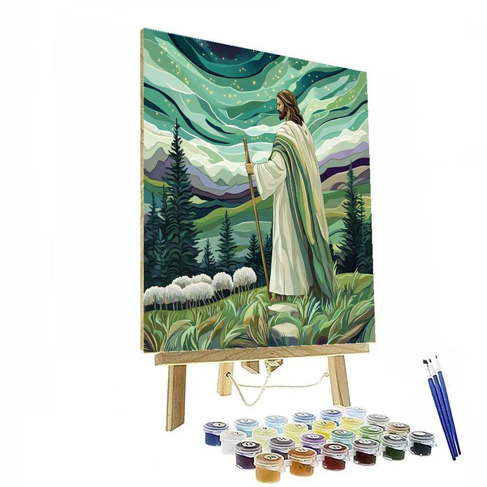Jesus Shepherding Under Northern Lights Number painting