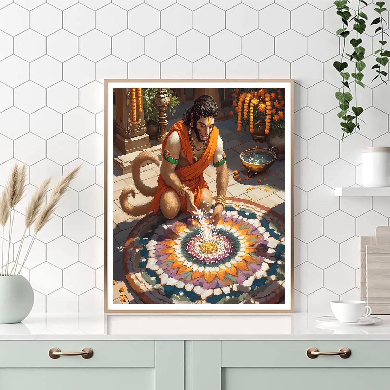 Courtyard Rangoli With Hanuman In Bloom painting number kit