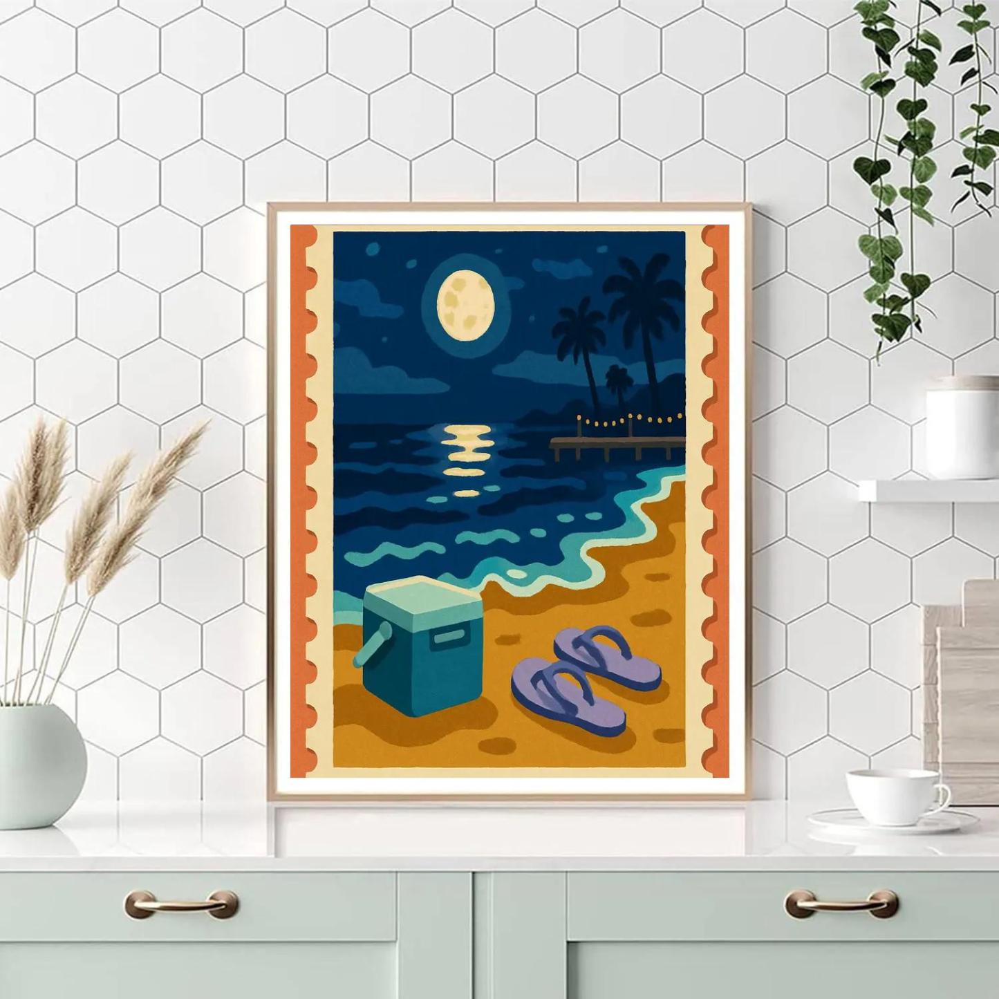 Moonlit Postcard Beach Panorama paint by color
