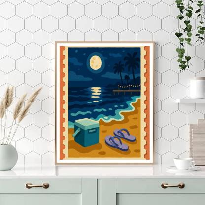 Moonlit Postcard Beach Panorama paint by color