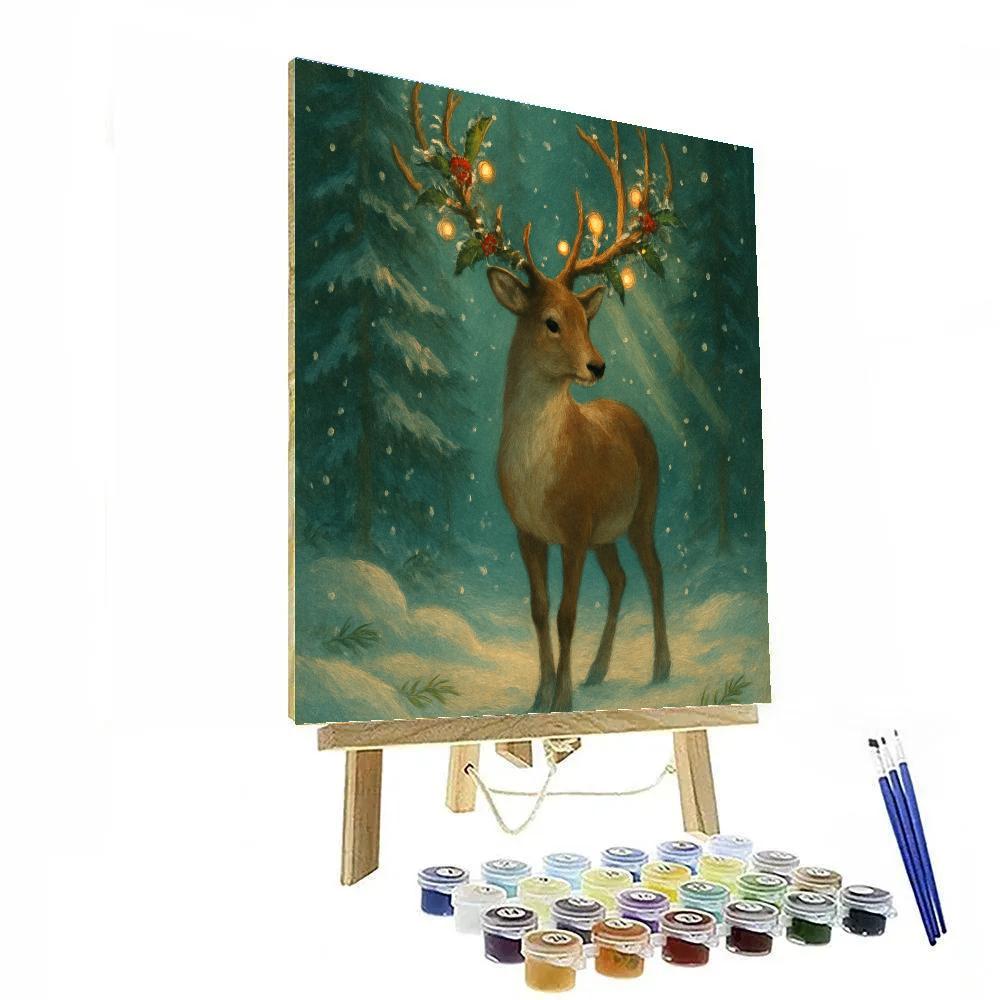 Reindeer Listening Under The Pine Light Beams Numbered painting kits
