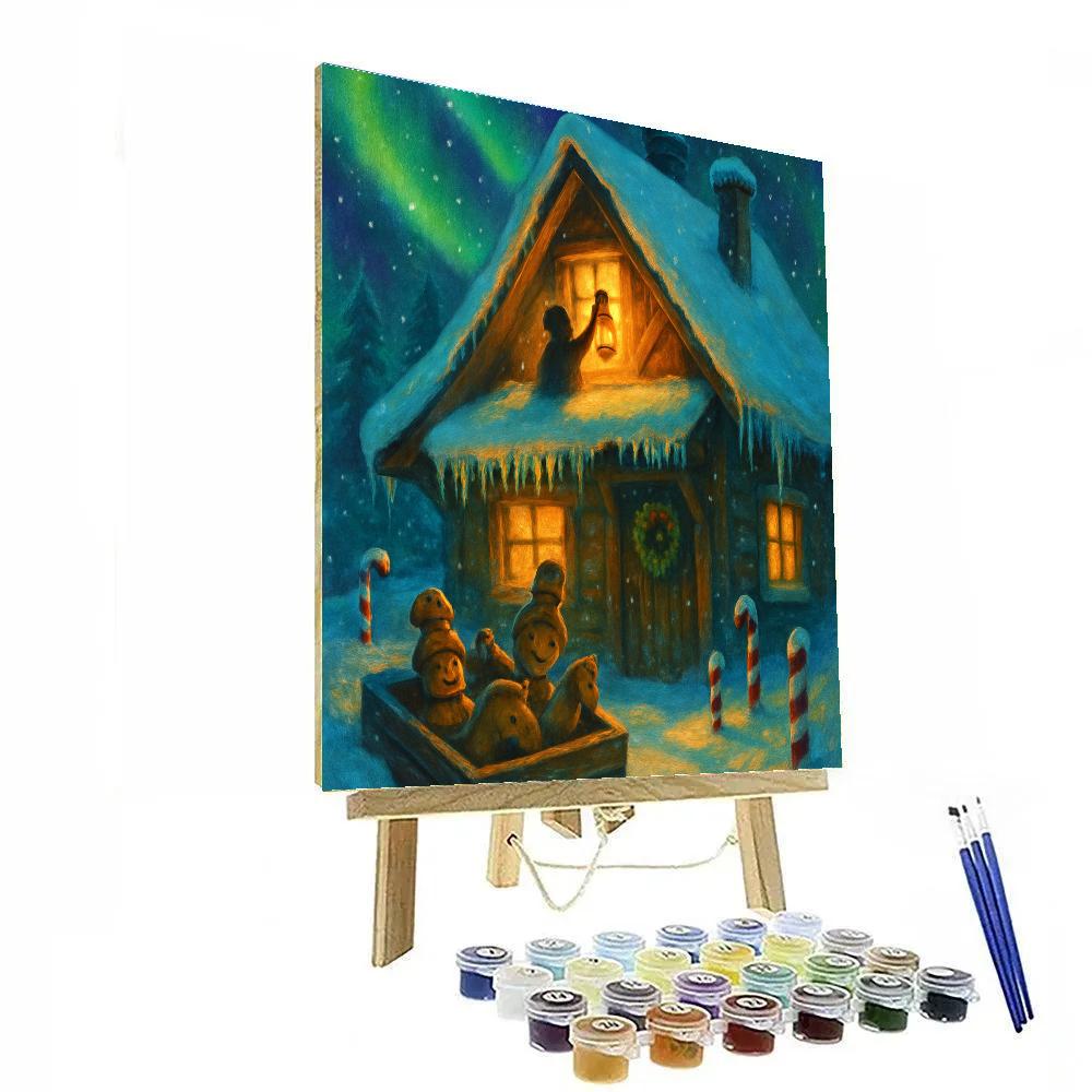 Aurora Over The Toymakers Snowy Workshop Roof Paint by numbers art
