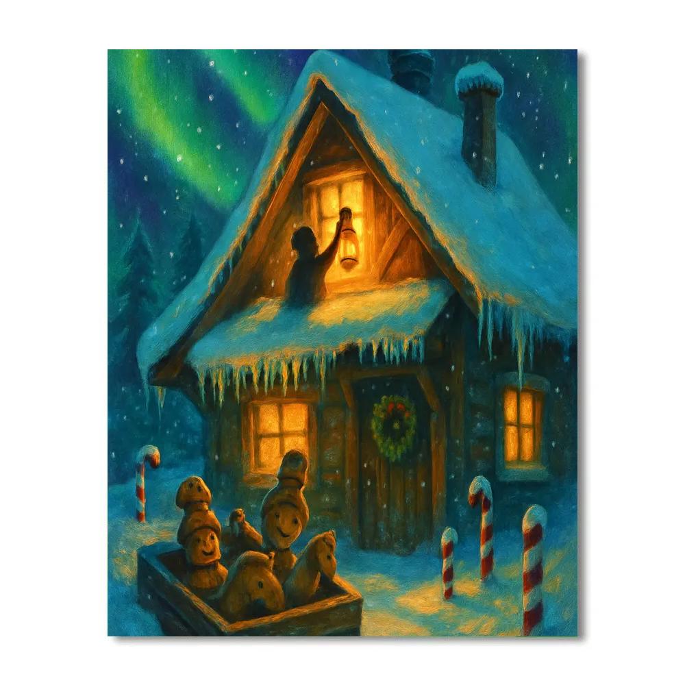 Aurora Over The Toymakers Snowy Workshop Roof Paint by numbers art