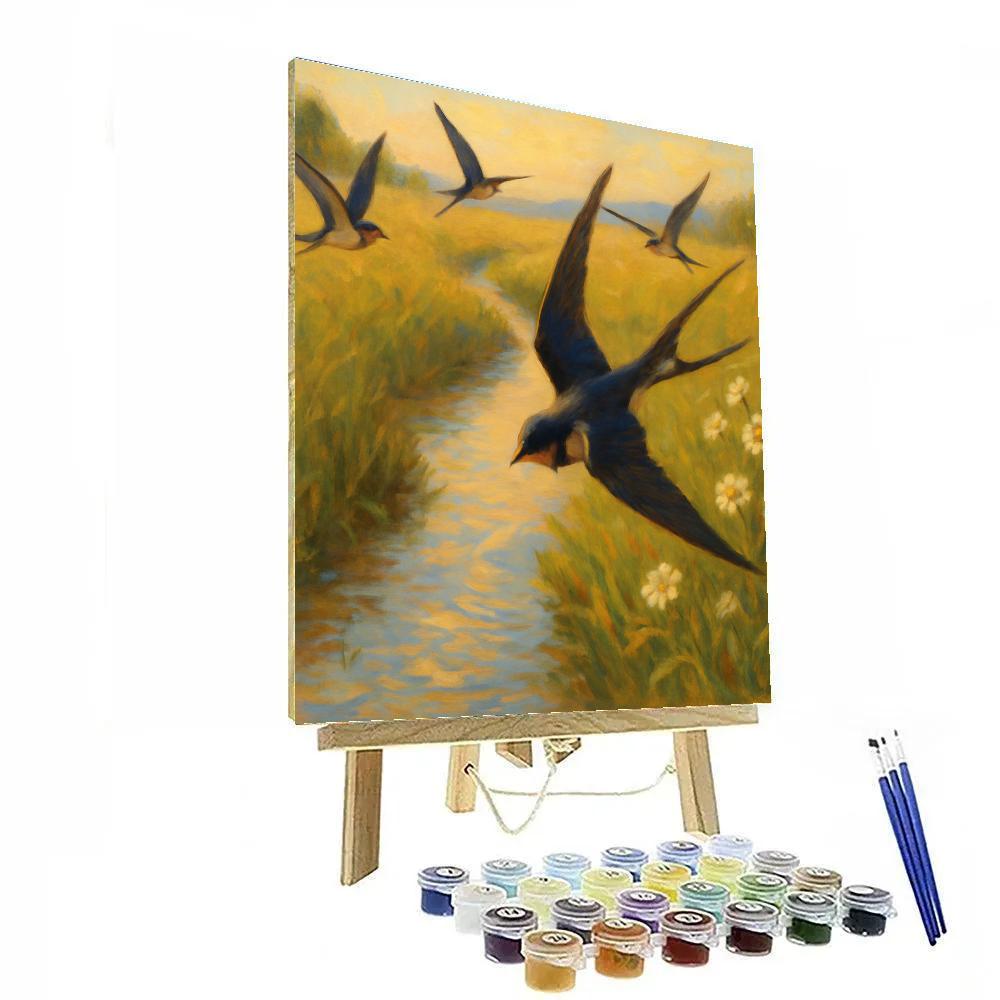 Barn Swallows Over The Meadow Stream Paint by numbers kits