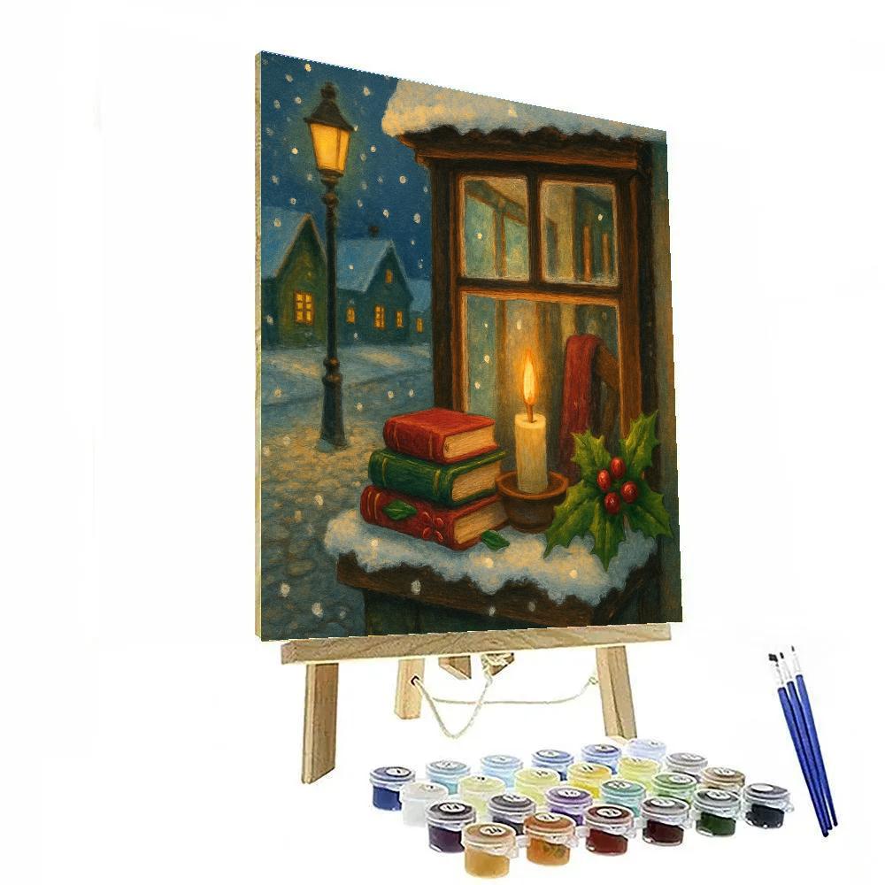 Candlelit Library Nook On A Snowy Street Paint by numbers art
