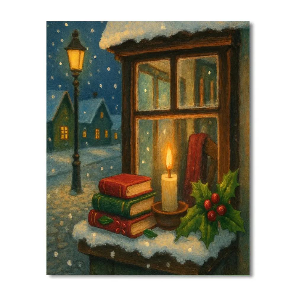 Candlelit Library Nook On A Snowy Street Paint by numbers art