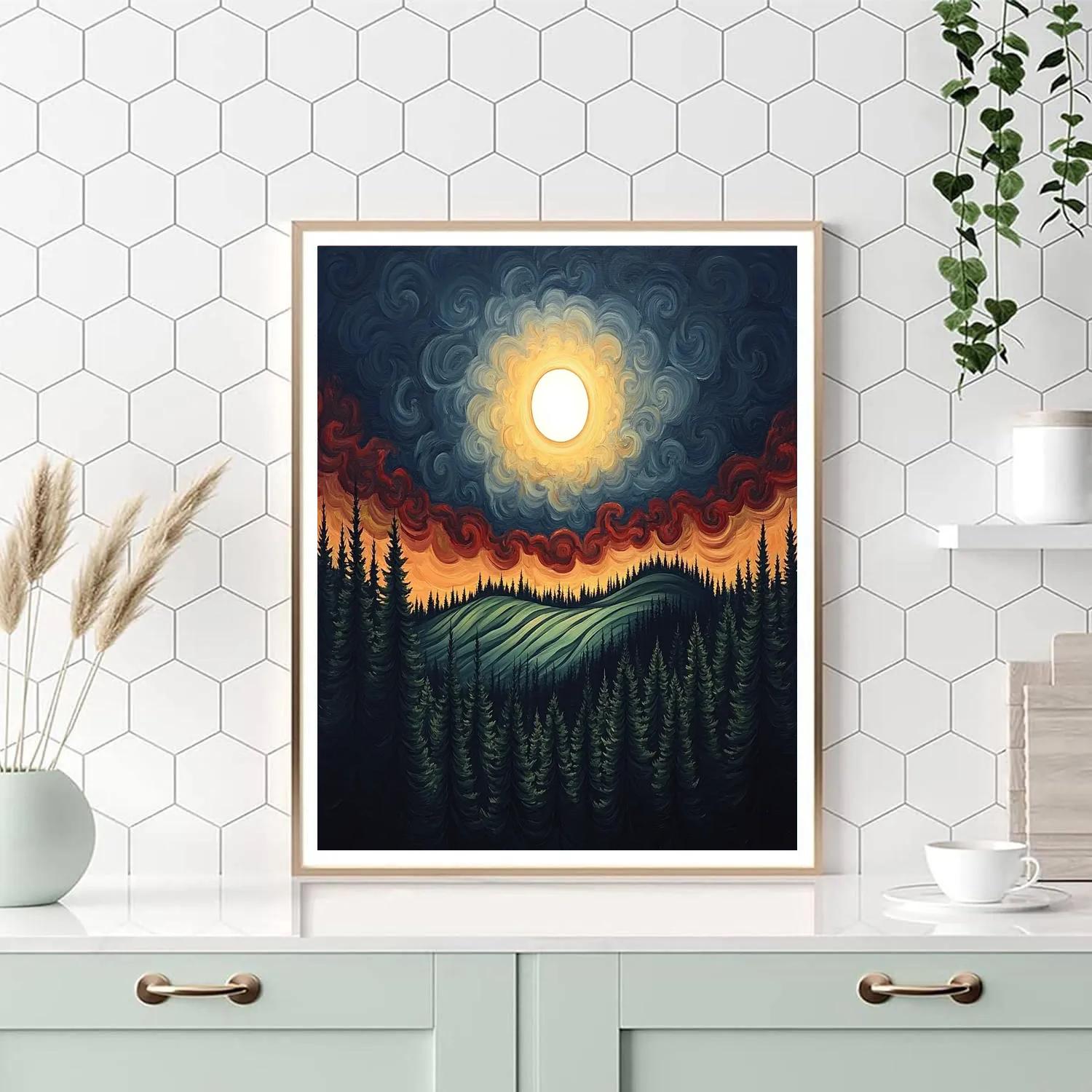 Edvard Munch Inspired Eclipse Over Trembling Pine Ridge paint by numbers