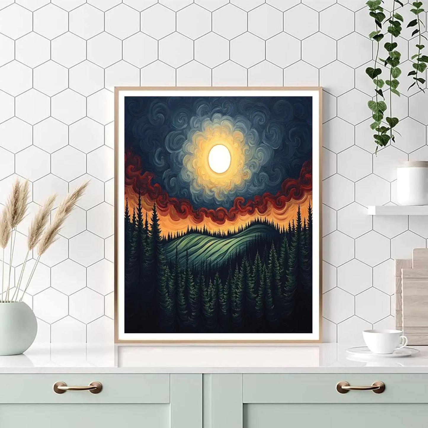 Edvard Munch Inspired Eclipse Over Trembling Pine Ridge paint by numbers