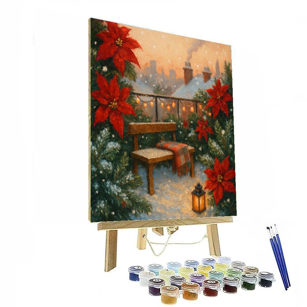 Snowy Rooftop Garden Of Poinsettias And Pine painting number kit