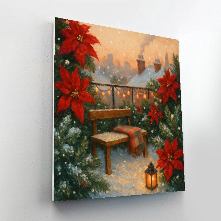 Snowy Rooftop Garden Of Poinsettias And Pine painting number kit