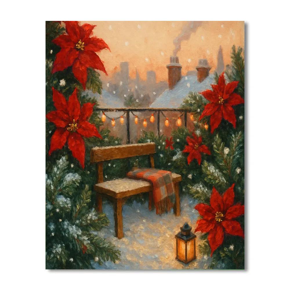 Snowy Rooftop Garden Of Poinsettias And Pine painting number kit