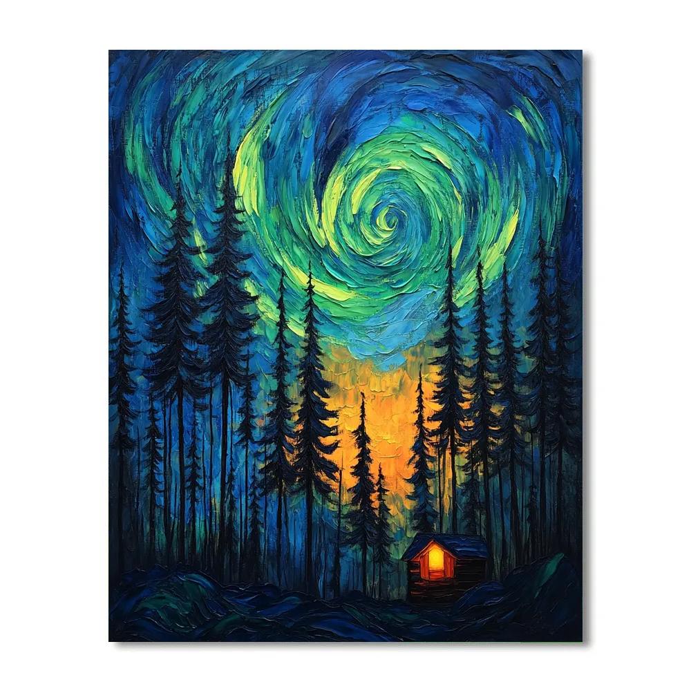 Van Gogh Inspired Aurora Over Pine Forest painting number kit
