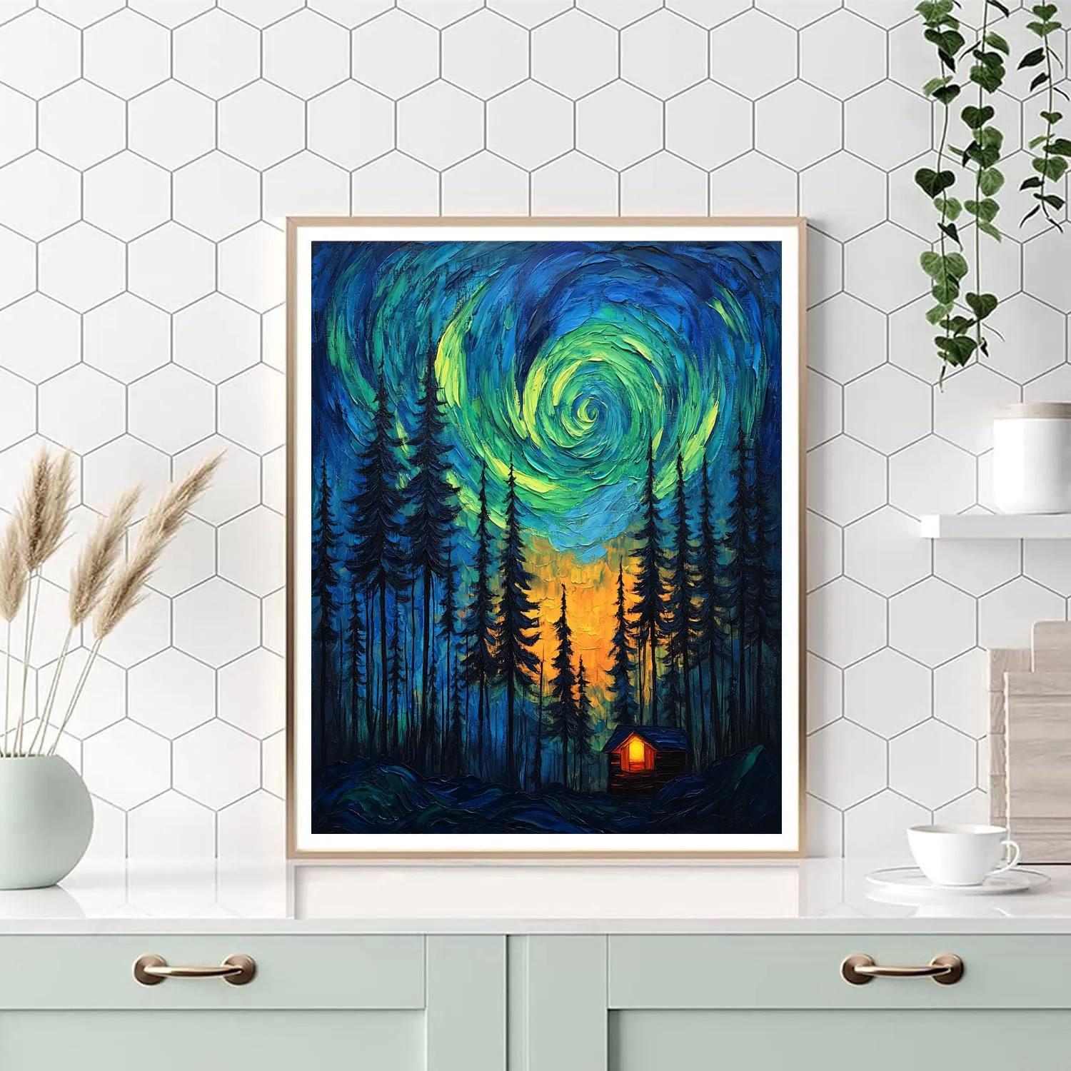 Van Gogh Inspired Aurora Over Pine Forest painting number kit