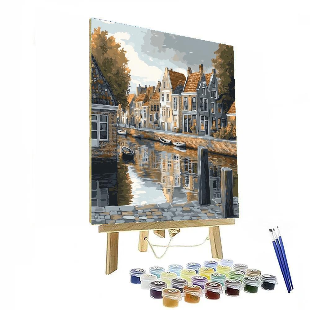 Johannes Vermeer Inspired Delft Canal Reflections Under Overcast Pearl Sky Paint by numbers art