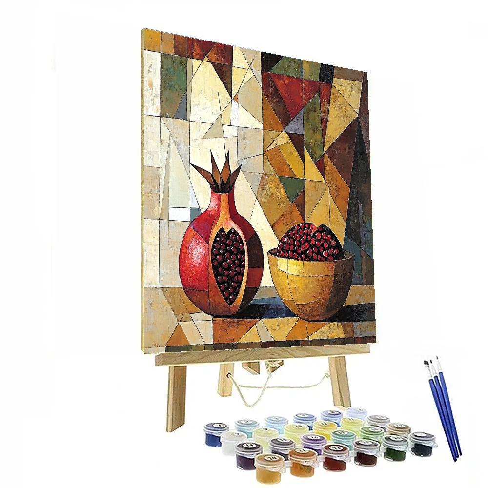Pablo Picasso Inspired Geometric Still Life Of Pomegranate And Earthenware paint by color
