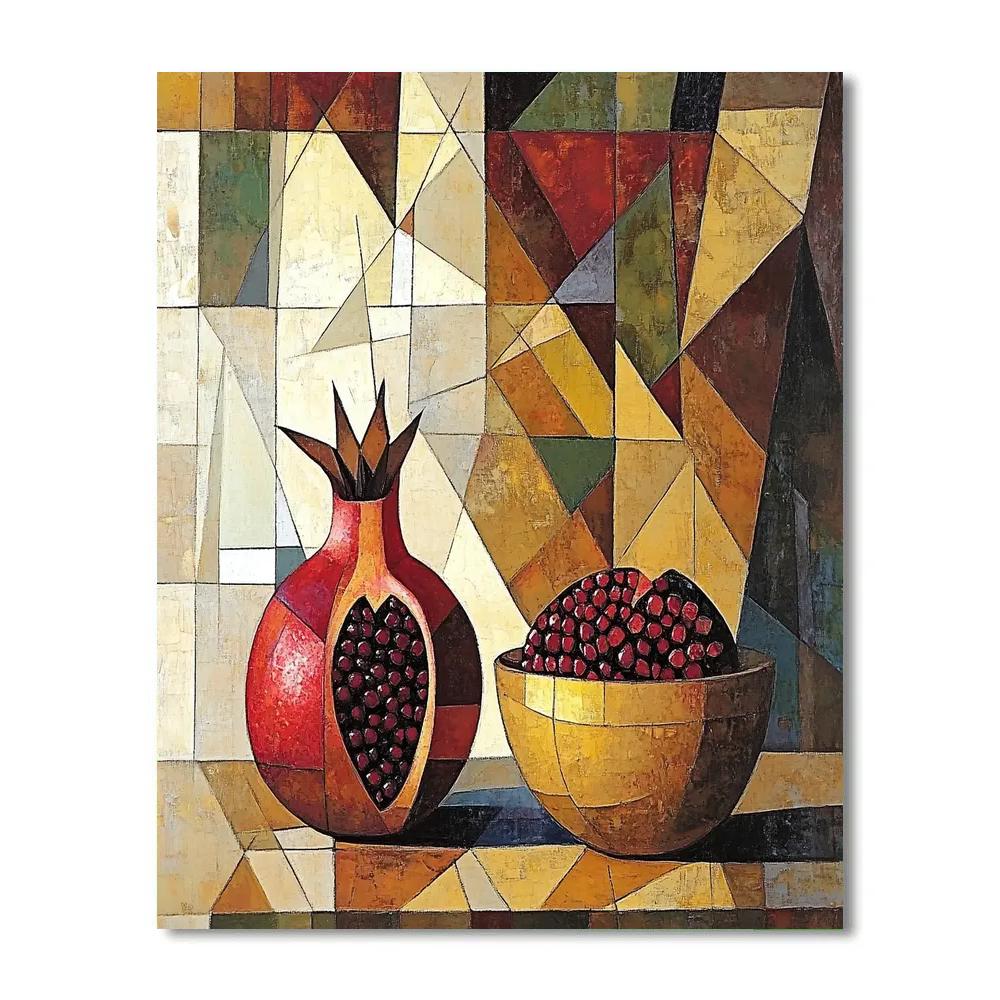 Pablo Picasso Inspired Geometric Still Life Of Pomegranate And Earthenware paint by color