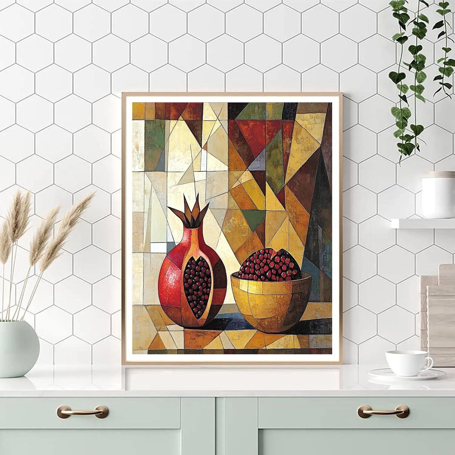 Pablo Picasso Inspired Geometric Still Life Of Pomegranate And Earthenware paint by color