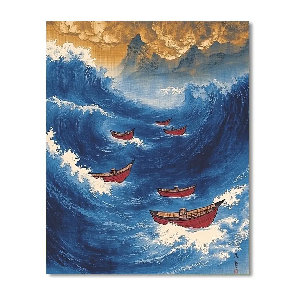 Katsushika Hokusai Inspired Storm Over Fishing Boats Paint by numbers kits