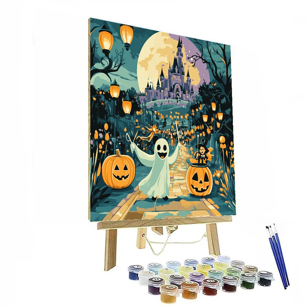 Moonlit Pumpkin Parade With Floating Castle Silhouette paint by color