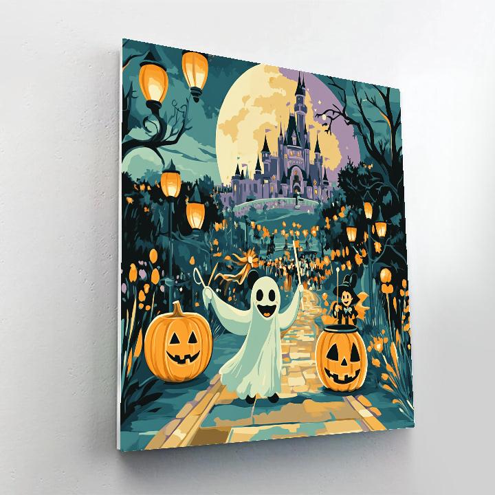 Moonlit Pumpkin Parade With Floating Castle Silhouette paint by color