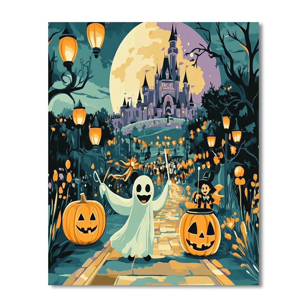 Moonlit Pumpkin Parade With Floating Castle Silhouette paint by color