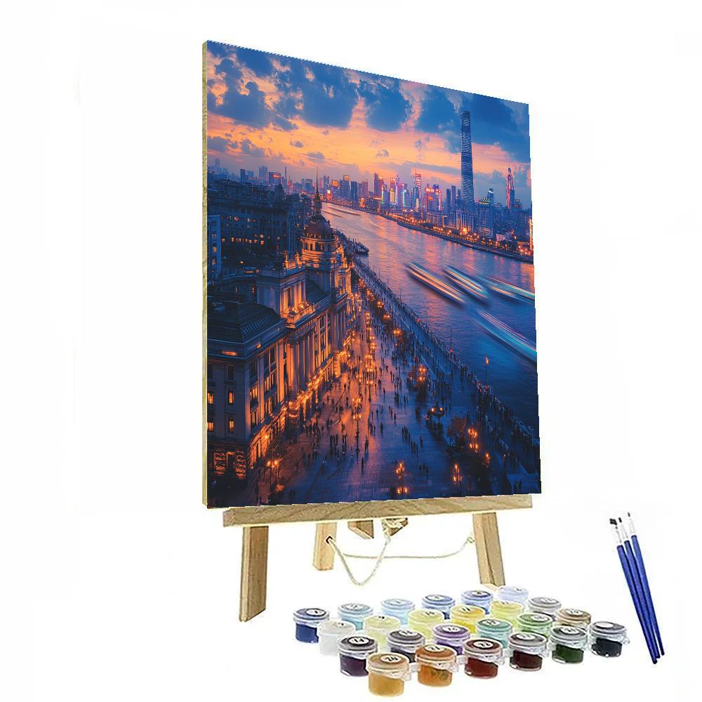 The Bund Riverside Skyline Blue Hour Shanghai China paint by number