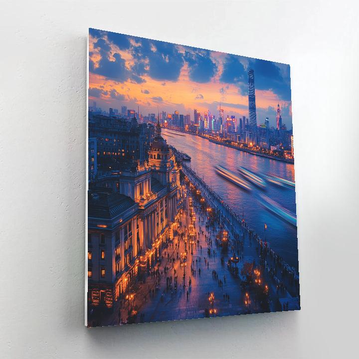 The Bund Riverside Skyline Blue Hour Shanghai China paint by number