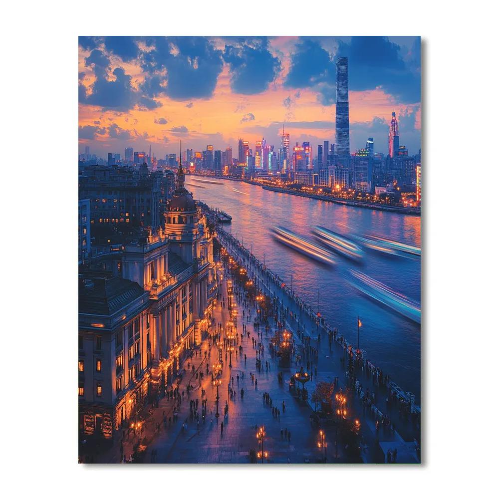 The Bund Riverside Skyline Blue Hour Shanghai China paint by number
