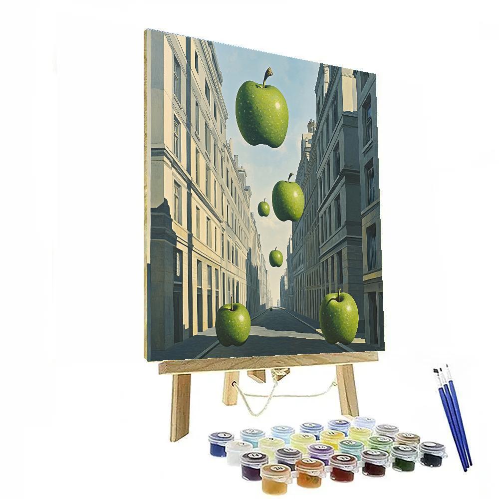 René Magritte Inspired Floating Apples Over City Street paint by number
