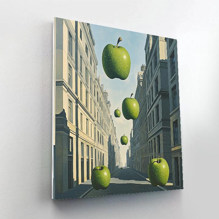 René Magritte Inspired Floating Apples Over City Street paint by number