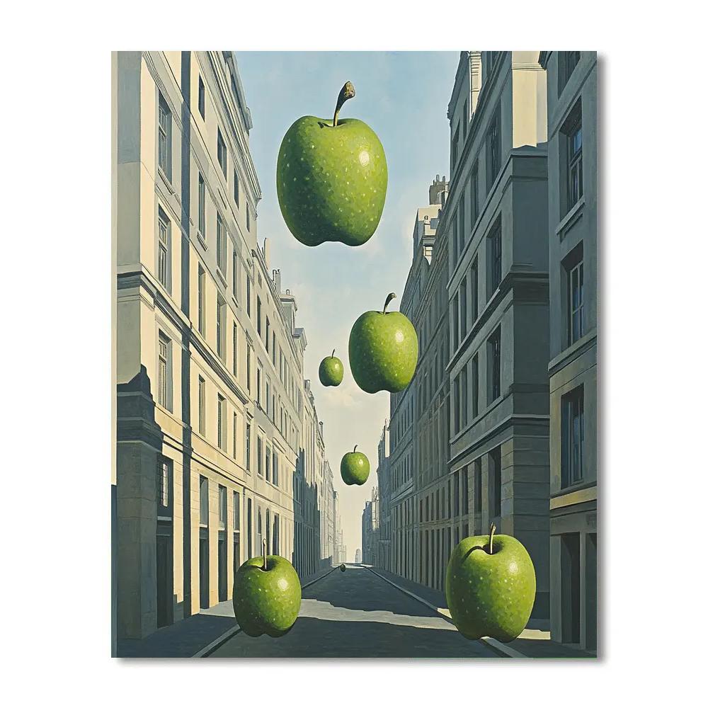 René Magritte Inspired Floating Apples Over City Street paint by number